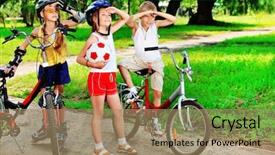  Presentation with children - Theme with kids bicycle - group of active children background and a coral colored foreground