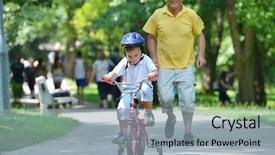  Presentation with play kids - Audience pleasing PPT layouts consisting of kids bicycle - happy grandfather and child have backdrop and a light gray colored foreground