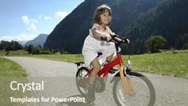  Presentation with biking - PPT theme featuring kids bicycle - little girl biking background and a gray colored foreground
