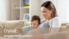  Presentation with pregnant mother - Colorful PPT theme enhanced with kids cellphone - family technology and pregnancy concept backdrop and a coral colored foreground