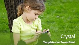  Presentation with brain and cell phone radiation - Slide deck consisting of kids cellphone - girl sits leaning on trunk background and a  colored foreground