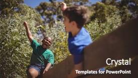  Presentation with obstacle course - Presentation featuring kids cheering on wooden wall background and a tawny brown colored foreground