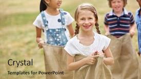  Presentation with race - Audience pleasing slides consisting of kids competing at sack race backdrop and a coral colored foreground