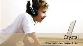  Presentation with notebook - Cool new slide set with kids computer games - boy spending time with notebook backdrop and a coral colored foreground