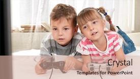  Presentation with children little child girl plays - Cool new PPT theme with kids computer games - happy children - girl backdrop and a coral colored foreground