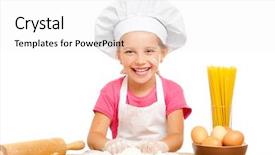  Presentation with flour - Theme with kids cooking - beautiful little girl with spaghetti background and a white colored foreground