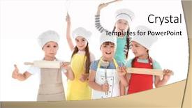  Presentation with kitchen utensils - Presentation design consisting of kids cooking - cute children in aprons background and a sky blue colored foreground