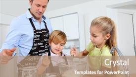  Presentation with father - Audience pleasing PPT theme consisting of kids cooking - father and children preparing pancakes backdrop and a coral colored foreground