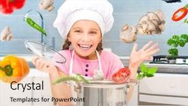  Presentation with soup - Beautiful presentation design featuring kids cooking - happy little girl preparing vegetarian backdrop and a lemonade colored foreground