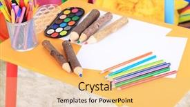  Presentation with crayons - Slide set having kids craft party - interior of classroom at school background and a lemonade colored foreground