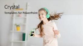  Presentation with headphones - PPT theme enhanced with children dance - girl jumping on bed background and a light gray colored foreground