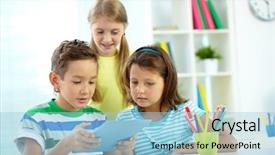  Presentation with classmates - Cool new PPT layouts with kids data - portrait of curious classmates backdrop and a light blue colored foreground