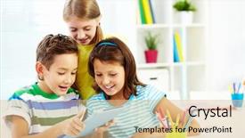  Presentation with using digital tablet - Presentation theme featuring kids data - portrait of happy classmates background and a lemonade colored foreground