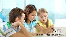  Presentation with classmates - Slide deck with kids data - portrait of happy classmates background and a coral colored foreground