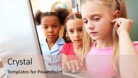  Presentation with classmates - Beautiful PPT theme featuring kids data - portrait of smart schoolgirl looking backdrop and a soft green colored foreground