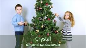  Presentation with christmas kids - Slide set featuring kids decorating christmas tree with baubles in room background and a tawny brown colored foreground