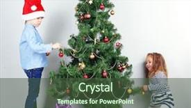  Presentation with christmas kids - PPT layouts enhanced with kids decorating christmas tree with baubles in room background and a tawny brown colored foreground