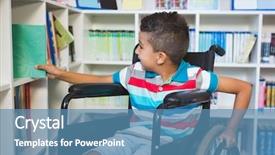  Presentation with school kids - Slide deck with disabled boy selecting a book background and a teal colored foreground