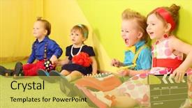  Presentation with children support law - Slides having kids disco - four mods children sit background and a yellow colored foreground