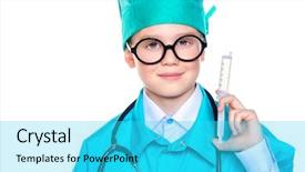  Presentation with pediatrics doctor - PPT layouts having kids doctors - cute smiling boy dressed background and a cyan colored foreground