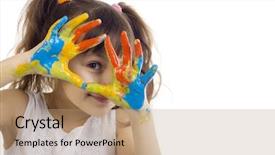  Presentation with kids playing - Presentation theme consisting of kids drawing - beautiful girl playing with colors background and a coral colored foreground