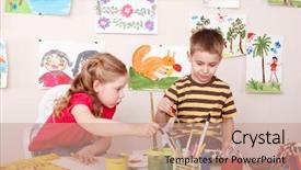  Presentation with children painting - Presentation enhanced with kids drawing - children painting in play room background and a coral colored foreground