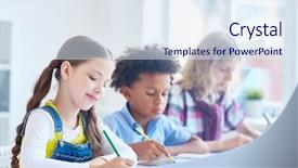  Presentation with task - Slides enhanced with kids drawing - group of clever schoolkids carrying background and a sky blue colored foreground