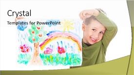  Presentation with foreign boy student - Beautiful PPT theme featuring kids drawings - happy boy showing his painting backdrop and a white colored foreground