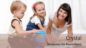 Presentation with geography - Cool new slides with young mother her daughter and young son studying geography atlas and the globe backdrop and a coral colored foreground