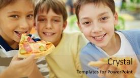  Presentation with happy birthday for adult boys - Amazing presentation theme having kids eating - three happy boys enjoying pizza backdrop and a yellow colored foreground