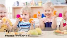  Presentation with kids food - Colorful slide set enhanced with kids eating fruits in kindergarten backdrop and a lemonade colored foreground