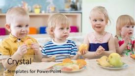  Presentation with kids fruit - Beautiful PPT theme featuring kids eating fruits in kindergarten backdrop and a coral colored foreground