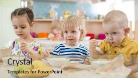  Presentation with kids food - PPT theme with kids eating in kindergarten background and a coral colored foreground