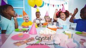  Presentation with kids birthday - PPT layouts featuring kids enjoying a birthday party background and a coral colored foreground