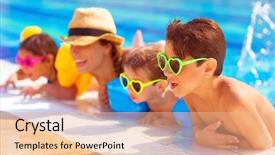  Presentation with happy holidays - Theme having kids enjoying aquapark beach resort background and a coral colored foreground