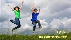  Presentation with girl running on the beach clouds - Colorful slide deck enhanced with kids exercise - girl and boy jumping running backdrop and a tawny brown colored foreground
