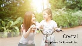  Presentation with fun fair swinging ride - Cool new slide deck with kids exercise - mother teaching daughter riding bicycle backdrop and a soft green colored foreground