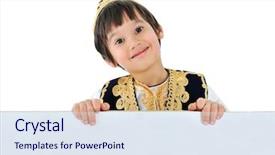  Presentation with fashion show - Beautiful PPT theme featuring kids fashion show - cute little kid with banner backdrop and a sky blue colored foreground