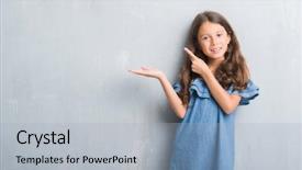  Presentation with hand palm - Slides enhanced with kids fashion show - young hispanic kid over grunge background and a light blue colored foreground