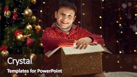  Presentation with child tree - Beautiful presentation theme featuring child boy sitting with gift box near christmas decorated fir tree dark wooden background backdrop and a tawny brown colored foreground