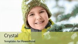  Presentation with fir tree - Amazing PPT theme having cute boy near fir tree in park on winter vacation backdrop and a yellow colored foreground