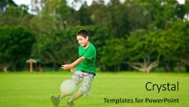  Presentation with grass - Presentation theme featuring kids football - young excited boy kicking ball background and a yellow colored foreground