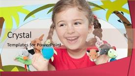  Presentation with name - PPT theme with kids frame - playing theater no-name finger puppets background and a coral colored foreground