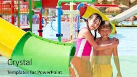  Presentation with poor children educaion - Colorful slide deck enhanced with kids fun slides - children playing in pool backdrop and a mint green colored foreground