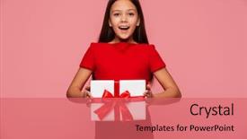  Presentation with red bow - Amazing PPT theme having kids gifts - cheerful handsome girl holding gift backdrop and a coral colored foreground