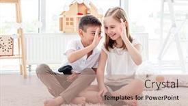  Presentation with video gaming - PPT theme consisting of kids-giving-high-five background and a coral colored foreground