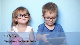  Presentation with black children computer - Presentation theme with kids glasses - cute funny children with tablet background and a light blue colored foreground