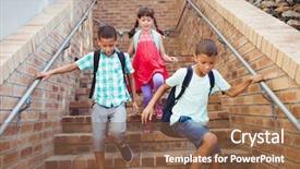  Presentation with stairs - Amazing PPT theme having kids going down the stairs backdrop and a tawny brown colored foreground