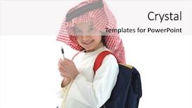  Presentation with arabic kids - Presentation theme consisting of kids going school - arabic schoolboy holding pen background and a white colored foreground