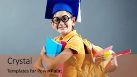 Presentation with backpack - PPT layouts with kids graduation - portrait of happy schoolkid background and a red colored foreground